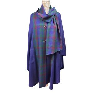 Avoca Collection Cape Purple Pure Wool Plaid Lined Made Ireland Attached Scarf